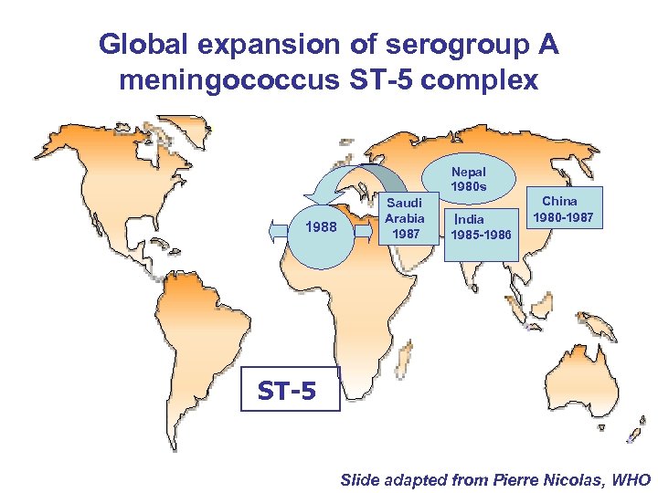 Global expansion of serogroup A meningococcus ST-5 complex Nepal 1980 s 1988 Saudi Arabia