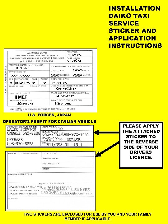 INSTALLATION DAIKO TAXI SERVICE STICKER AND APPLICATION INSTRUCTIONS P-1234 -08 01 -DEC-08 I. M.