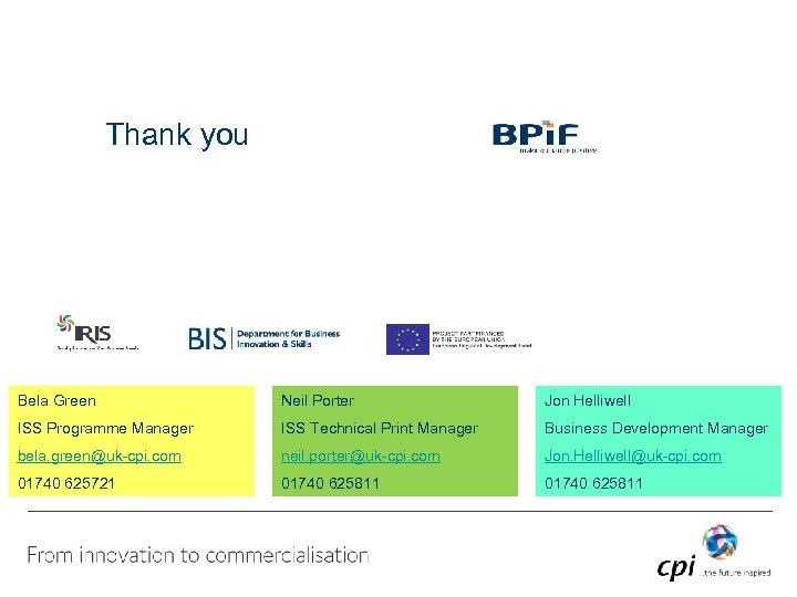 Thank you Bela Green Neil Porter Jon Helliwell ISS Programme Manager ISS Technical Print
