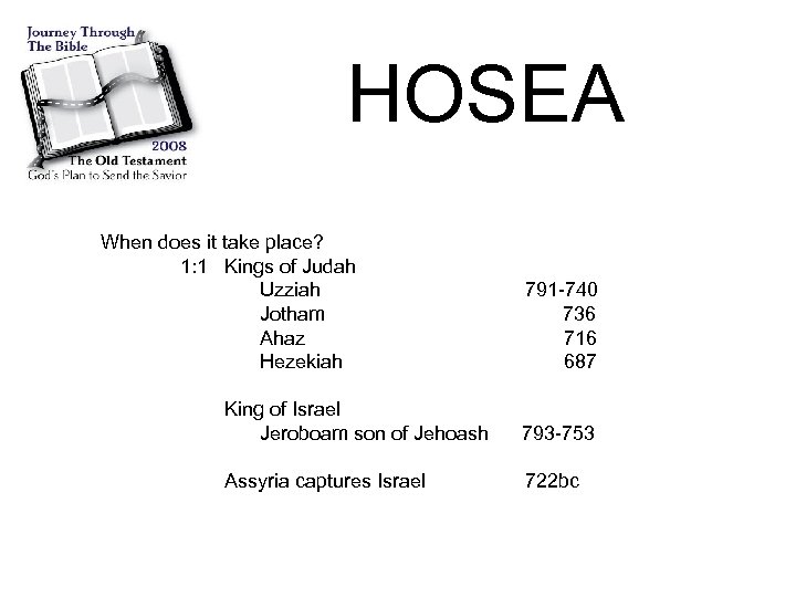HOSEA When does it take place? 1: 1 Kings of Judah Uzziah Jotham Ahaz