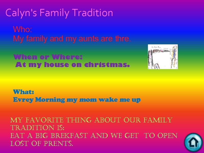 Calyn's Family Tradition Who: My family and my aunts are thre. When or Where: