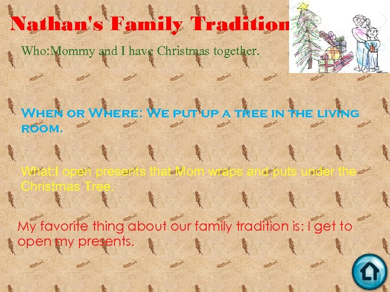 Nathan's Family Tradition Who: Mommy and I have Christmas together. When or Where: We