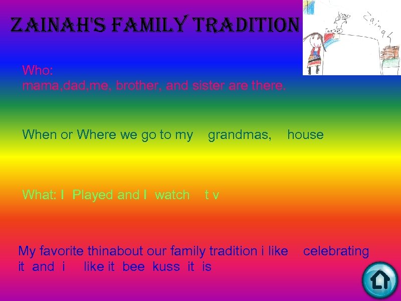 Zainah's family tradition Who: mama, dad, me, brother, and sister are there. When or