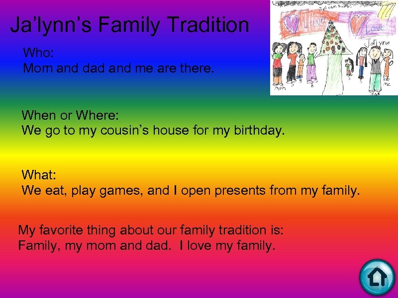 Ja’lynn’s Family Tradition Who: Mom and dad and me are there. When or Where: