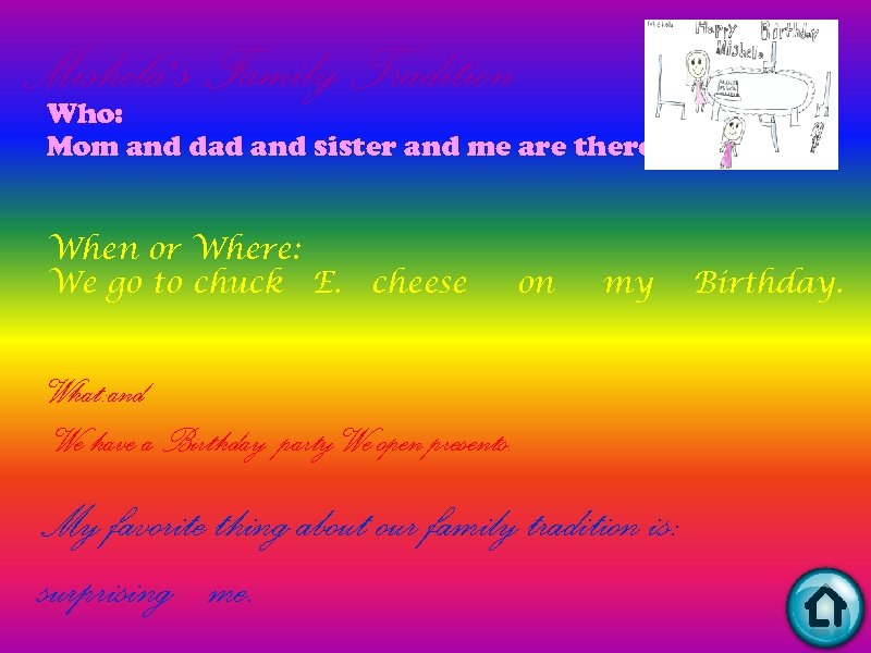 Mishela's Family Tradition Who: Mom and dad and sister and me are there. When