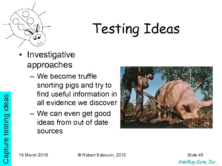 Testing Ideas Capture testing ideas • Investigative approaches – We become truffle snorting pigs