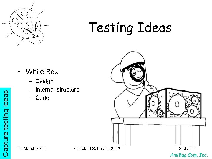 Testing Ideas Capture testing ideas • White Box – Design – Internal structure –