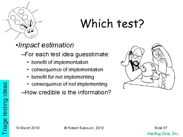 Which test? • Impact estimation Triage testing ideas –For each test idea guesstimate: •