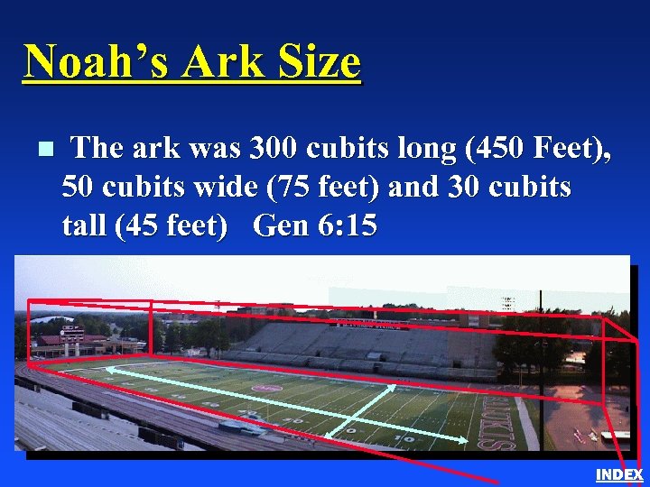 Noah’s Ark Size n The ark was 300 cubits long (450 Feet), 50 cubits