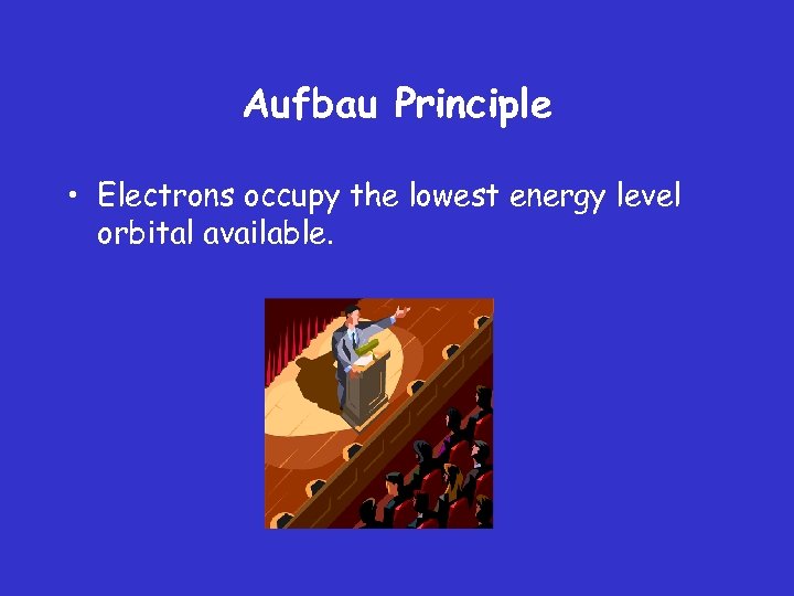 Aufbau Principle • Electrons occupy the lowest energy level orbital available. 