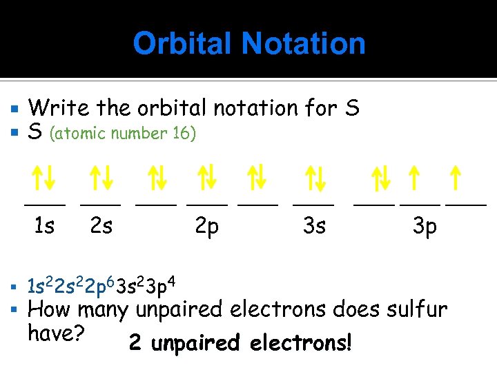 Orbital Notation Write the orbital notation for S S (atomic number 16) ____ ____