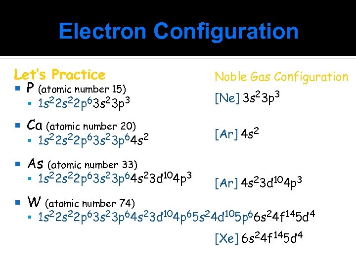 Electron Configuration Let’s Practice P (atomic number 15) 1 s 22 p 63 s