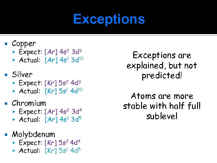 Exceptions Copper Expect: [Ar] 4 s 2 3 d 9 Actual: [Ar] 4 s