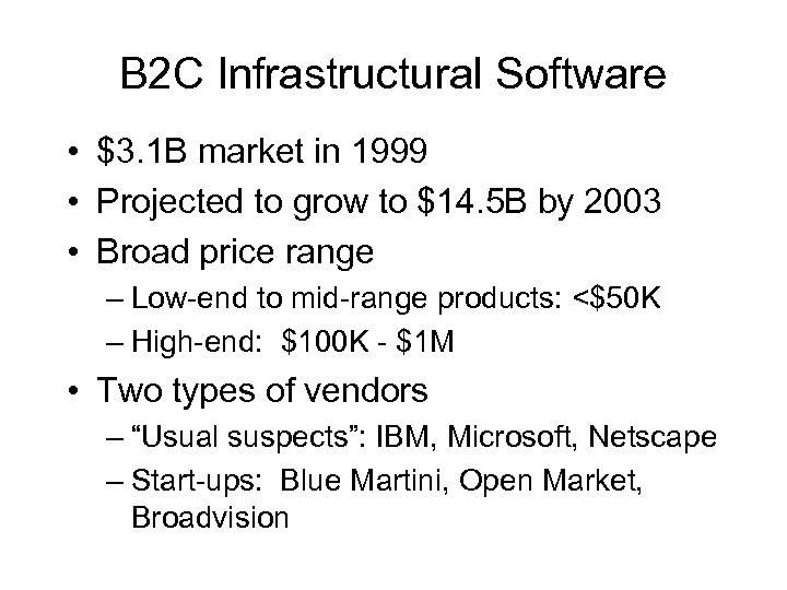 B 2 C Infrastructural Software • $3. 1 B market in 1999 • Projected