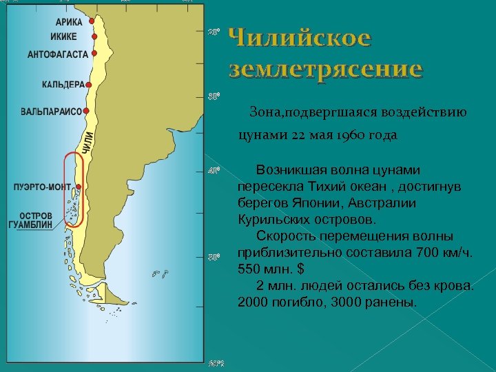 Чилийское землетрясение Зона, подвергшаяся воздействию цунами 22 мая 1960 года Возникшая волна цунами пересекла