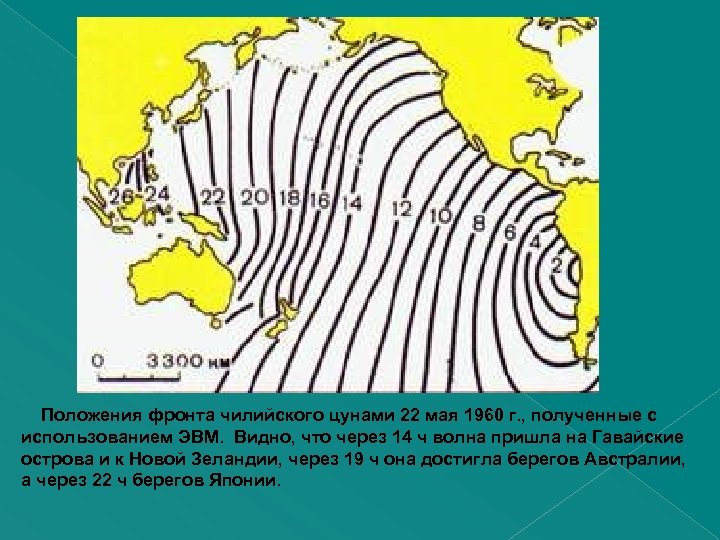  Положения фронта чилийского цунами 22 мая 1960 г. , полученные с использованием ЭВМ.