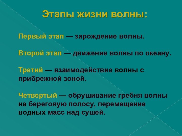  Этапы жизни волны: Первый этап — зарождение волны. Второй этап — движение волны