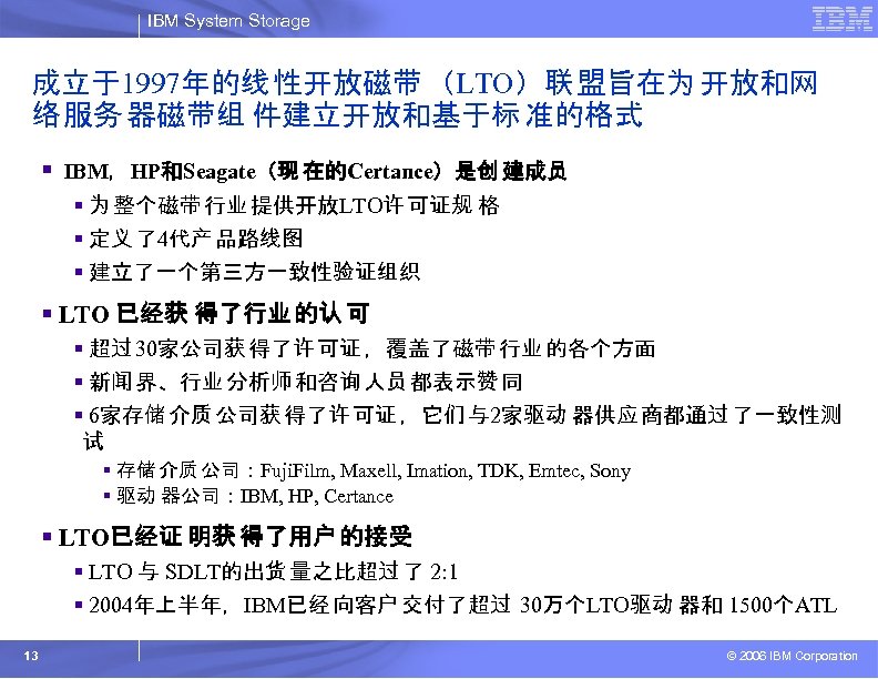 IBM System Storage 成立于1997年的线 性开放磁带 （LTO）联 盟旨在为 开放和网 络 服务 器磁带组 件建立开放和基于标 准的格式 §