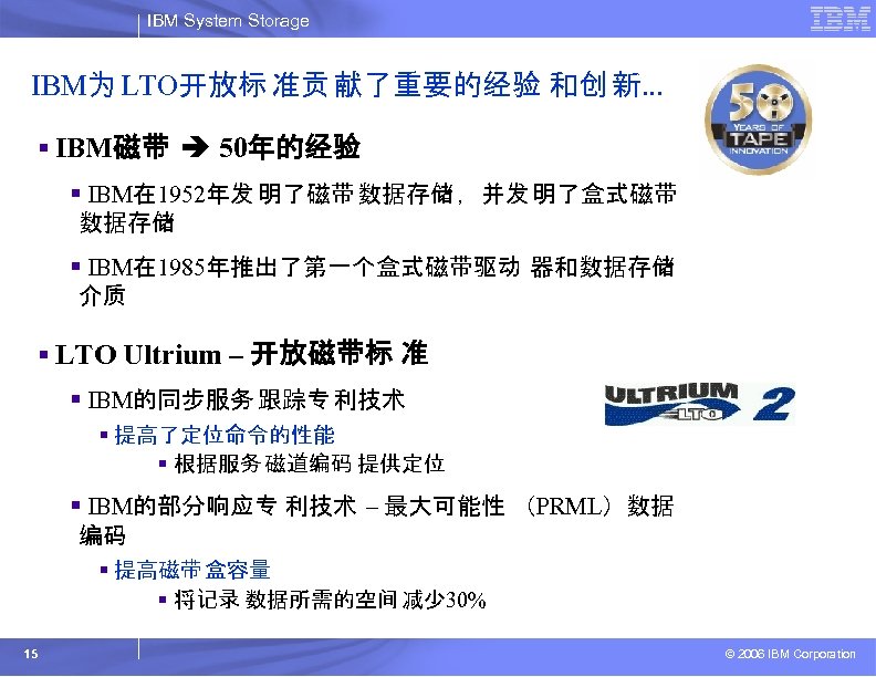 IBM System Storage IBM为 LTO开放标 准贡 献了重要的经验 和创 新. . . § IBM磁带 50年的经验