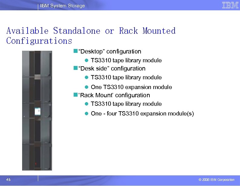 IBM System Storage Available Standalone or Rack Mounted Configurations n “Desktop” configuration l TS