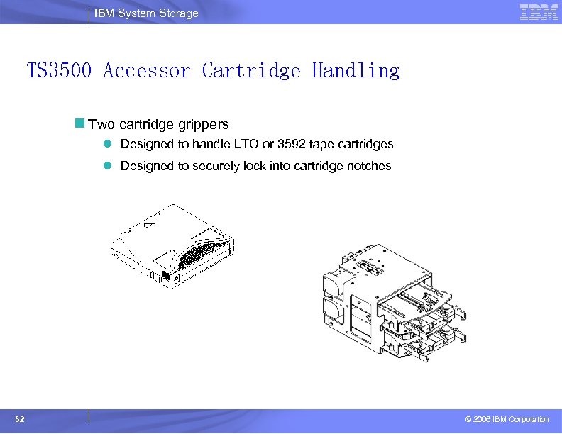 IBM System Storage TS 3500 Accessor Cartridge Handling n Two cartridge grippers l Designed