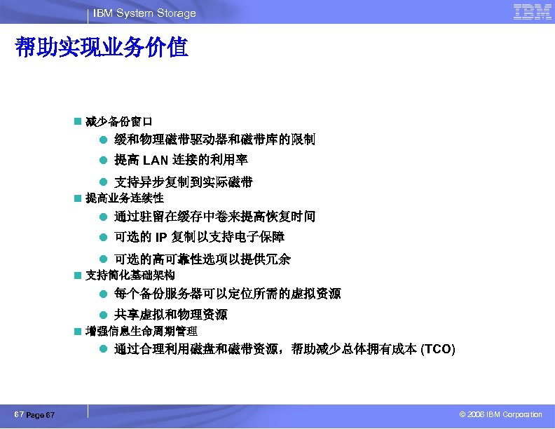 IBM System Storage 帮助实现业务价值 设计为 可帮助: n 减少备份窗口 l 缓和物理磁带驱动器和磁带库的限制 l 提高 LAN 连接的利用率