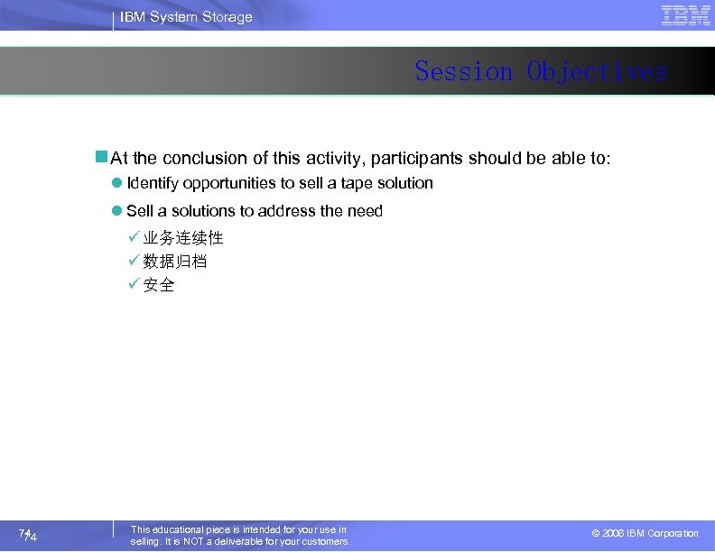 IBM System Storage Session Objectives n At the conclusion of this activity, participants should