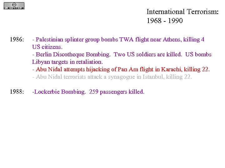 International Terrorism: 1968 - 1990 1986: - Palestinian splinter group bombs TWA flight near