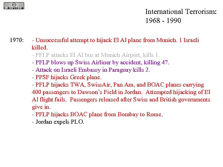 International Terrorism: 1968 - 1990 1970: - Unsuccessful attempt to hijack El Al plane