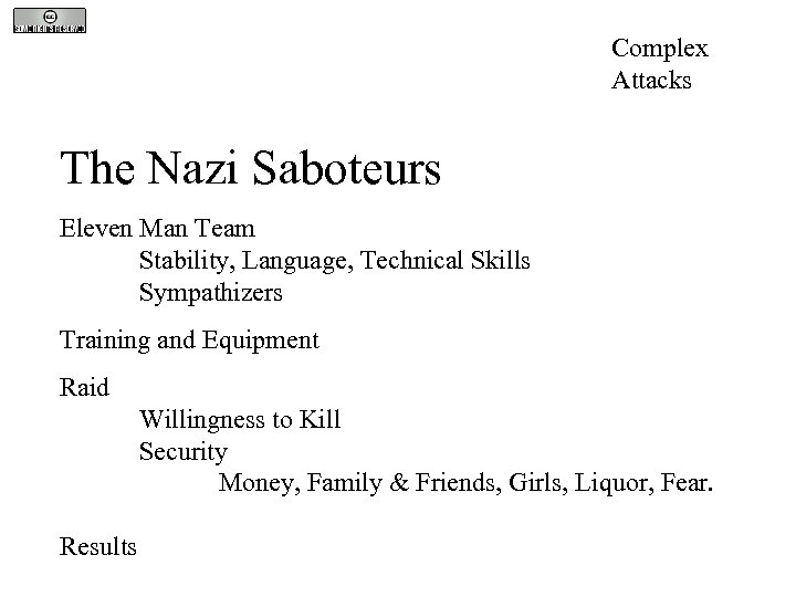 Complex Attacks The Nazi Saboteurs Eleven Man Team Stability, Language, Technical Skills Sympathizers Training