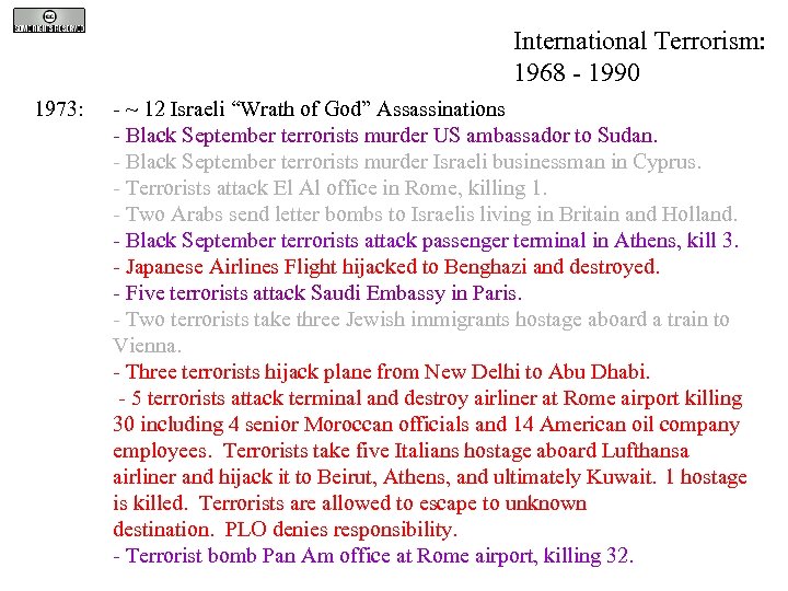 International Terrorism: 1968 - 1990 1973: - ~ 12 Israeli “Wrath of God” Assassinations