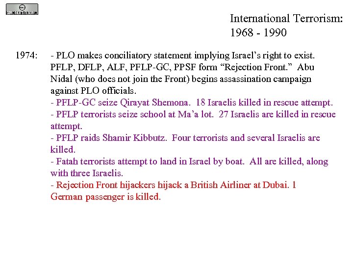 International Terrorism: 1968 - 1990 1974: - PLO makes conciliatory statement implying Israel’s right