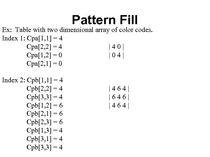 Pattern Fill Ex: Table with two dimensional array of color codes. Index 1: Cpa[1,