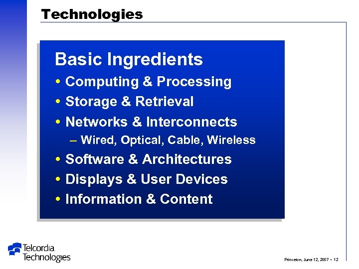 Technologies Basic Ingredients Computing & Processing Storage & Retrieval Networks & Interconnects – Wired,