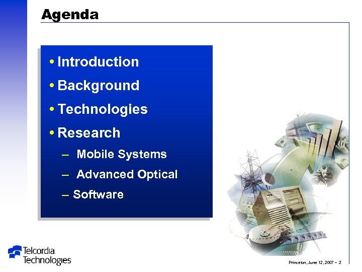Agenda Introduction Background Technologies Research – Mobile Systems – Advanced Optical – Software Princeton,