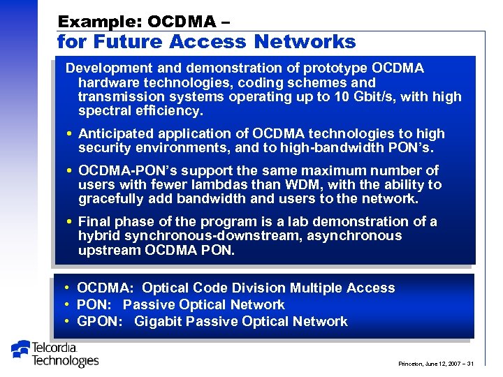 Example: OCDMA – for Future Access Networks Development and demonstration of prototype OCDMA hardware