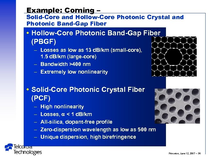 Example: Corning – Solid-Core and Hollow-Core Photonic Crystal and Photonic Band-Gap Fiber Hollow-Core Photonic