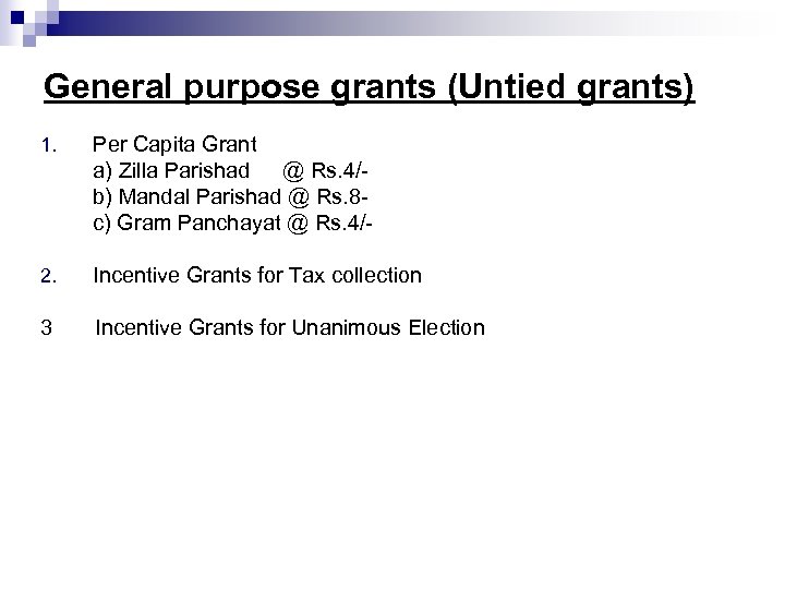 General purpose grants (Untied grants) 1. Per Capita Grant a) Zilla Parishad @ Rs.