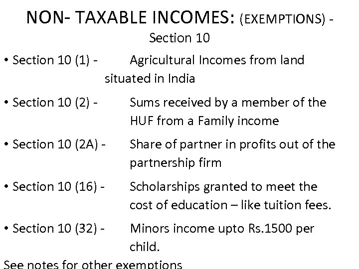 NON- TAXABLE INCOMES: (EXEMPTIONS) Section 10 • Section 10 (1) - Agricultural Incomes from