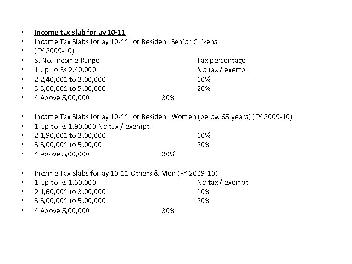  • • Income tax slab for ay 10 -11 Income Tax Slabs for