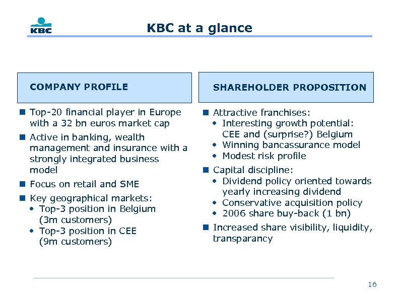 KBC at a glance COMPANY PROFILE n Top-20 financial player in Europe with a