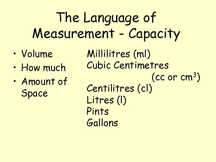 The Language of Measurement - Capacity • Volume • How much • Amount of