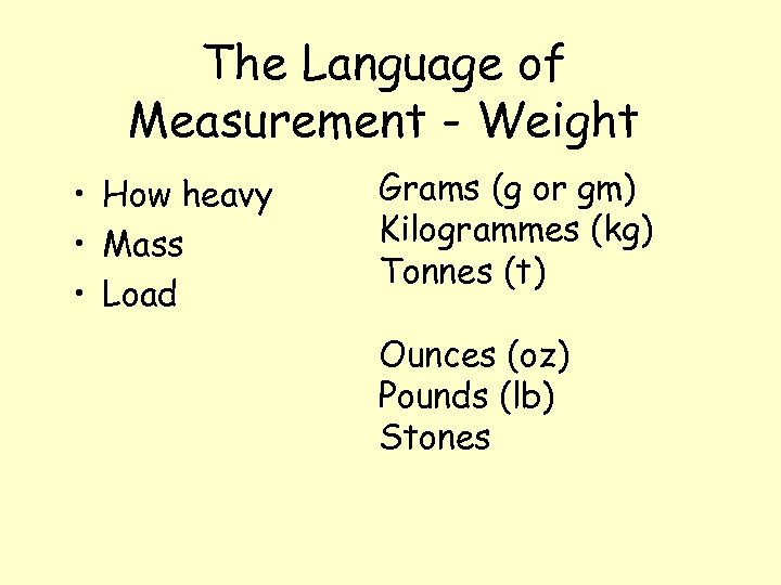 The Language of Measurement - Weight • How heavy • Mass • Load Grams