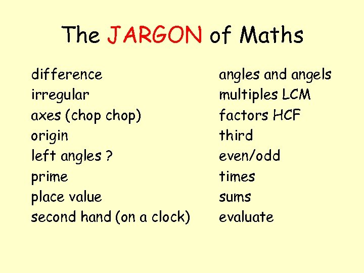 The JARGON of Maths difference irregular axes (chop) origin left angles ? prime place