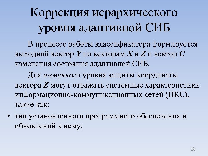 Коррекция иерархического уровня адаптивной СИБ В процессе работы классификатора формируется выходной вектор Y по