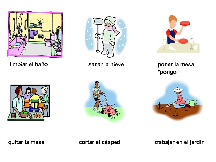 limpiar el baño quitar la mesa sacar la nieve cortar el césped poner la