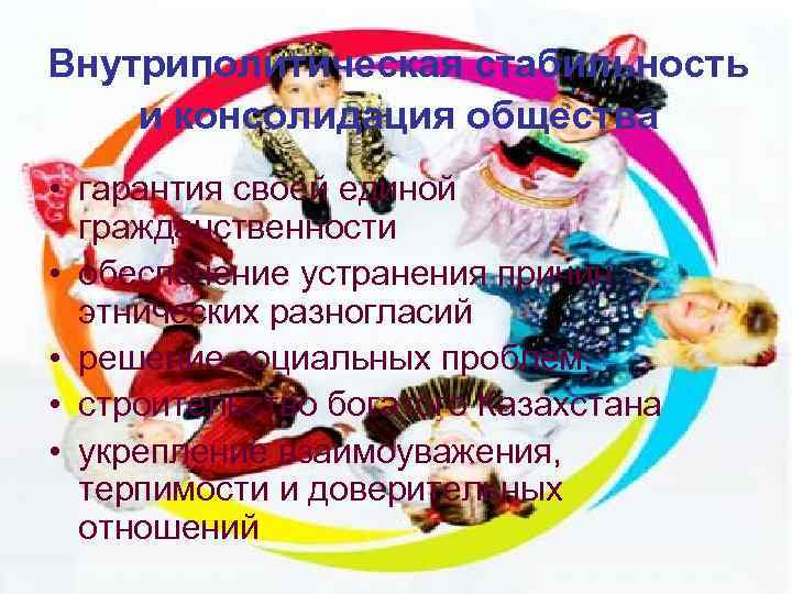 Внутриполитическая стабильность и консолидация общества • гарантия своей единой гражданственности • обеспечение устранения причин