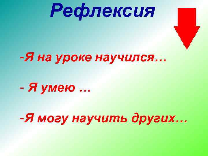 Рефлексия -Я на уроке научился… - Я умею … -Я могу научить других… 