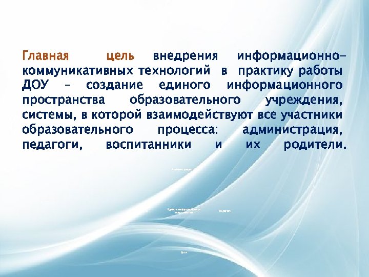 Главная цель внедрения информационнокоммуникативных технологий в практику работы ДОУ – создание единого информационного пространства