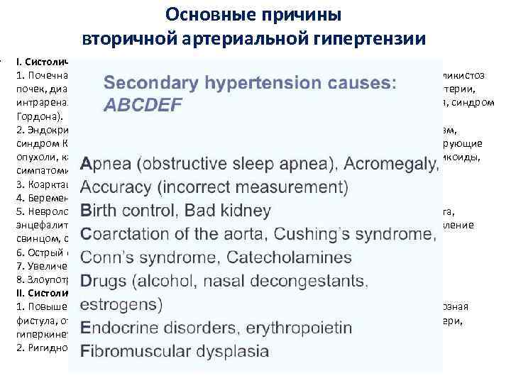 • Основные причины вторичной артериальной гипертензии I. Систолическая и диастолическая 1. Почечная: ренопаренхиматозная